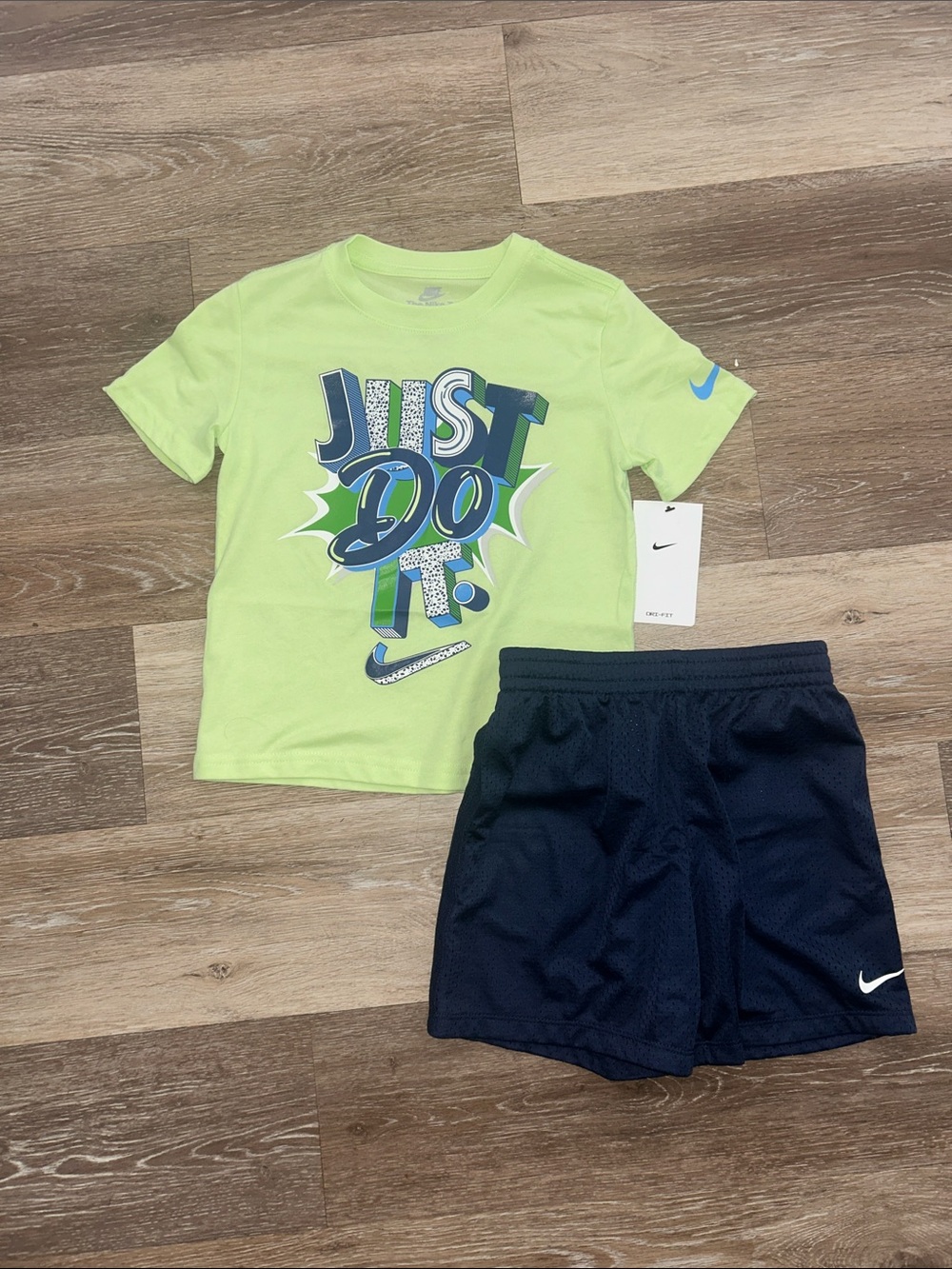 NEW Nike Lime Green Graphic Tee with Navy Athletic Shorts